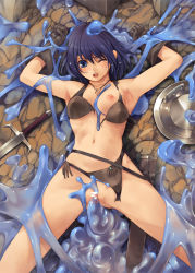 Rule 34 | 1girl, armor, armpits, arms up, bare legs, bikini, bikini armor, blue eyes, blue hair, breasts, censored, gauntlets, kirishima satoshi, lying, medium breasts, monster, navel, nipples, on back, on ground, one breast out, one eye closed, open mouth, pussy, sex, shield, slime, swimsuit, sword, torn bikini, torn clothes, vaginal, weapon