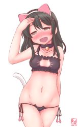 Rule 34 | 10s, 1girl, 2016, alternate costume, animal ears, arm behind back, artist name, bare shoulders, bell, black bra, black hair, black panties, blush, bra, breasts, brown eyes, cat cutout, cat ear panties, cat ears, cat lingerie, cat tail, choker, cleavage cutout, clothing cutout, commentary request, dated, eyebrows, fake animal ears, fake tail, hand on back, hand on own head, highres, kanon (kurogane knights), kantai collection, long hair, lowleg, lowleg panties, medium breasts, meme attire, navel, neck bell, nose blush, open mouth, oyashio (kancolle), panties, side-tie panties, simple background, solo, tail, underwear, underwear only
