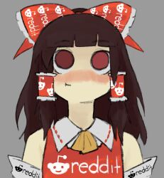 Rule 34 | 1girl, absurdres, blush, bow, brown hair, closed mouth, collared shirt, commentary, english commentary, frilled hair tubes, frilled shirt collar, frills, grey background, hair bow, hair tubes, hakurei reimu, highres, long hair, looking at viewer, nose blush, red bow, red eyes, red shirt, reddit, shirt, sidelocks, simple background, sleeveless, sleeveless shirt, snoo, solo, squidmiku, straight-on, touhou, upper body