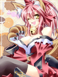 Rule 34 | 1girl, animal ears, bell, neck bell, breasts, cleavage, collar, fate/grand order, fate (series), fox ears, fox tail, hair ribbon, japanese clothes, large breasts, long hair, looking at viewer, one eye closed, open mouth, pink hair, ribbon, solo, tail, tamamo (fate), tamamo cat (fate), tamamo no mae (fate/extra), thighhighs, yellow eyes