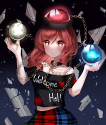 Rule 34 | 1girl, absurdres, black shirt, breasts, chain, closed mouth, clothes writing, collarbone, earth (ornament), gold chain, hecatia lapislazuli, highres, medium hair, midriff, moon (ornament), multicolored clothes, multicolored skirt, off-shoulder shirt, off shoulder, plaid, plaid skirt, red eyes, red hair, rie inthanin, shirt, skirt, small breasts, t-shirt, touhou