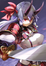 Rule 34 | 1girl, absurdres, armor, breasts, closed mouth, fate/grand order, fate (series), hair between eyes, hair ribbon, headband, highres, holding, holding sword, holding weapon, horns, japanese armor, japanese clothes, katana, large breasts, long hair, looking at viewer, oni horns, red eyes, ribbon, silver hair, solo, srsojiro, sword, tomoe gozen (fate), upper body, weapon
