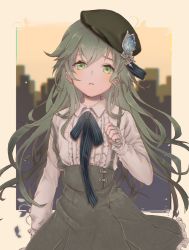 Rule 34 | 1boy, bad id, bad pixiv id, bandaged hand, bandages, beret, blush, building, closed mouth, collared shirt, crossdressing, frown, green eyes, green hair, hat, long hair, long sleeves, looking at viewer, male focus, omomochid, pinocchio (sinoalice), ribbon, sad, shirt, sinoalice, skirt, skyscraper, solo, sunset, suspender skirt, suspenders, trap