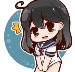 Rule 34 | 10s, 1girl, ^^^, ahoge, black hair, bloom2425, blush, bottomless, brown eyes, chibi, covering privates, covering crotch, crying, crying with eyes open, kantai collection, long hair, open mouth, sailor collar, school uniform, serafuku, shirt tug, solo, tears, ushio (kancolle), v arms
