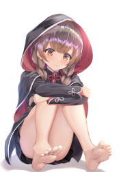 Rule 34 | 1girl, ass, barefoot, black capelet, black dress, blush, braid, brown eyes, brown hair, capelet, closed mouth, dress, full body, highres, hood, hooded capelet, kantai collection, long hair, long sleeves, ochikata kage, shinshuu maru (kancolle), simple background, soles, solo, toes, twin braids, white background