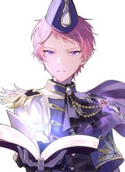 Rule 34 | 1boy, ascot, book, buttons, closed mouth, commentary, ensemble stars!, epaulettes, gloves, hat, highres, holding, holding book, itsuki shu, long sleeves, male focus, official alternate costume, open book, pink hair, purple eyes, short hair, simple background, single epaulette, solo, symbol-only commentary, upper body, wednesday 108, white background, white gloves