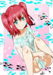 Rule 34 | 1girl, absurdres, animal print, aqua eyes, artist name, artist request, bare legs, bare shoulders, blush, bow, checkered bow, checkered clothes, checkered shirt, female focus, fish, fish background, fish print, hands around leg, highres, kurosawa ruby, looking at viewer, love live!, love live! sunshine!!, parted lips, red hair, shirt, short hair, smile, solo, tibikinako, twintails