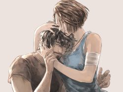 Rule 34 | 1boy, 1girl, bad id, bad twitter id, bandaged arm, bandages, bare shoulders, beard, black hair, blue camisole, brown hair, brown shirt, camisole, carlos oliveira, closed eyes, closed mouth, comforting, crying, facial hair, fune (nkjrs12), grey background, hair between eyes, hand grab, hand on another&#039;s cheek, hand on another&#039;s face, hand on another&#039;s head, holding, hug, jewelry, jill valentine, mustache, necklace, open hand, resident evil, resident evil 3, resident evil 3: nemesis, resident evil 3 (remake), shirt, short hair, short sleeves, simple background, sleeveless, smile, tears, upper body