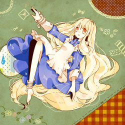 Rule 34 | 1girl, :o, apron, bad id, bad pixiv id, blonde hair, blue dress, dress, flower, kagerou project, kozakura marry, leg ribbon, letter, long hair, love letter, miko (kotonoha02), open mouth, orange eyes, outstretched arm, ribbon, rose, sleeve cuffs, solo, souzou forest (vocaloid), symbol-shaped pupils, very long hair, vocaloid, wrist ribbon