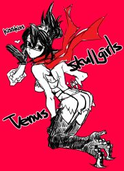 Rule 34 | 1girl, boots, character name, folded ponytail, from behind, garter straps, glasses, high heel boots, high heels, kyouhei hei, looking back, monochrome, red background, scarf, sketch, skullgirls, solo, venus (skullgirls)