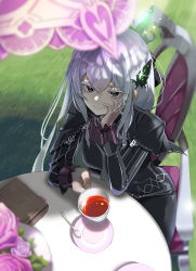 Rule 34 | 1girl, :&gt;, absurdres, arm support, bad id, bad pixiv id, black capelet, black dress, book, breasts, butterfly hair ornament, capelet, chair, closed mouth, colored eyelashes, commentary, crossed bangs, cup, day, dress, echidna (re:zero), flower, from above, grass, grey hair, hair between eyes, hair ornament, hand on own cheek, hand on own face, highres, holding, holding cup, jsih, long hair, long sleeves, looking at viewer, medium breasts, outdoors, pink flower, re:zero kara hajimeru isekai seikatsu, shadow, sitting, smile, solo, spoon, table, teacup, teaspoon