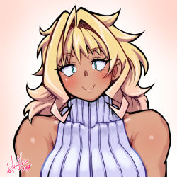 Rule 34 | 1girl, aqua eyes, bare shoulders, blonde hair, blush, breasts, commentary request, dark skin, dark-skinned female, dated, hori shin, large breasts, long hair, looking at viewer, michelle (hori shin), muscular, muscular female, original, ribbed sweater, signature, sleeveless, sleeveless turtleneck, smile, solo, sweater, tan, turtleneck, upper body