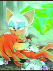 Rule 34 | 1boy, 1girl, :o, aqua eyes, bat (animal), bat wings, bone (stare), chaos emerald, closed eyes, furry, furry female, furry male, furry with furry, knuckles the echidna, looking at viewer, lying, rouge the bat, sonic (series), sweatdrop, wings