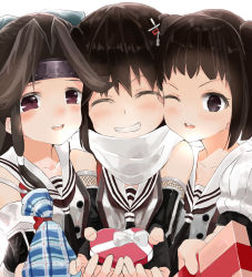 Rule 34 | 10s, 3girls, :d, ;d, artist request, bad id, bad pixiv id, blush, box, brown eyes, brown hair, cheek-to-cheek, closed eyes, elbow gloves, fingerless gloves, gift, gift box, girl sandwich, gloves, grin, hachimaki, hair ornament, headband, heads together, heart-shaped box, highres, incoming gift, jintsuu (kancolle), kantai collection, multiple girls, naka (kancolle), one eye closed, open mouth, puffy short sleeves, puffy sleeves, ribbon, saka (akurisoh), sandwiched, scarf, sendai (kancolle), short sleeves, simple background, smile