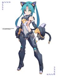 Rule 34 | 1girl, animal ears, aqua hair, armored boots, bare shoulders, black footwear, black gloves, black thighhighs, blush, boots, breasts, cable, cable tail, cat ears, character name, closed mouth, covered navel, earrings, elbow gloves, electric plug, fake animal ears, gloves, green eyes, grey leotard, highres, holding, jewelry, karukan (monjya), leotard, long hair, looking at viewer, mecha musume, mechanical tail, pygmalion, shinrabanshou, sideboob, small breasts, solo, tail, thighhighs, twintails, very long hair, white background