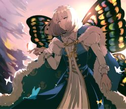 Rule 34 | 1boy, backlighting, blonde hair, blue cape, blue coat, blue eyes, bug, butterfly, butterfly on hand, butterfly wings, cape, cloud, coat, commentary request, crown, fate/grand order, fate (series), fur-trimmed cape, fur trim, gold trim, highres, insect, insect on finger, insect wings, long sleeves, looking at viewer, male focus, oberon (fate), outdoors, pink sky, robe, shinoda mugi, short hair, sky, smile, solo, tassel, twilight, white robe, wings