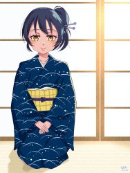 Rule 34 | 1girl, artist name, artist request, blue hair, blue kimono, blue skirt, blush, breasts, brown eyes, checkered sash, collarbone, female focus, hair between eyes, hair ornament, hair stick, hand on lap, highres, indoors, japanese clothes, kimono, kimono skirt, long hair, long sleeves, looking at viewer, love live!, love live! school idol project, miniskirt, obi, parted lips, pink lips, plaid, plaid skirt, pleated, pleated skirt, sash, short hair, sitting, skirt, smile, solo, sonoda umi, wide sleeves, yellow eyes, yellow obi