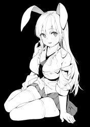 Rule 34 | 1girl, absurdres, animal ears, between breasts, black background, blush, breasts, rabbit ears, ddal, full body, greyscale, highres, large breasts, long hair, looking at viewer, miniskirt, monochrome, necktie, necktie between breasts, off shoulder, pleated skirt, reisen udongein inaba, simple background, sitting, skirt, smile, solo, sweat, thighhighs, touhou, yokozuwari