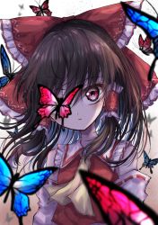 Rule 34 | 1girl, absurdres, animal, ascot, bare shoulders, black hair, blue butterfly, blush, bow, brown eyes, bug, butterfly, detached sleeves, gradient background, hair tubes, hakurei reimu, highres, insect, japanese clothes, kayon (touzoku), medium hair, nontraditional miko, open mouth, red bow, ribbon-trimmed sleeves, ribbon trim, sidelocks, solo, touhou, upper body, wide sleeves, yellow ascot