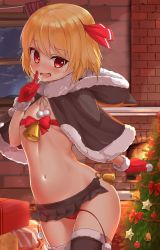 Rule 34 | 1girl, bad id, bad pixiv id, belt, black cape, black skirt, black thighhighs, blush, box, cape, capelet, chiroshiron, christmas, christmas tree, commentary request, curtains, finger to mouth, flat chest, fur-trimmed capelet, fur-trimmed legwear, fur trim, gift, gift box, gloves, hair ribbon, hand up, highres, index finger raised, looking at viewer, microskirt, navel, night, o-ring, open mouth, panties, pom pom (clothes), red eyes, red gloves, red panties, red ribbon, ribbon, rumia, shushing, side-tie panties, skirt, solo, star (symbol), stomach, sweatdrop, thighhighs, touhou, underwear, untied panties, window