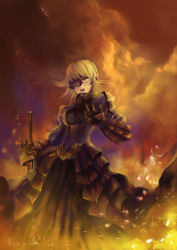 Rule 34 | 1girl, armor, armored dress, artoria pendragon (fate), bad id, bad pixiv id, blonde hair, capcom, cloud, dark persona, dress, fate/stay night, fate/unlimited codes, fate (series), faulds, fire, saber (fate), saber alter, shuiyituzi, solo, sword, weapon, yellow eyes