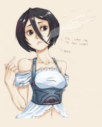 Rule 34 | 1girl, alternate costume, bankage, bare shoulders, black eyes, black hair, bleach, breasts, corset, english text, enmaided, fringe trim, kuchiki rukia, maid, navel, off-shoulder shirt, off shoulder, shirt, simple background, small breasts, solo, upper body