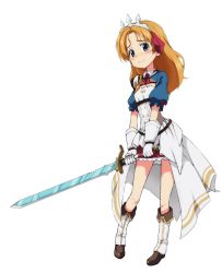 Rule 34 | 1girl, alternate hairstyle, armor, ascot, blue eyes, blue sleeves, blush, boots, closed mouth, commentary, cosplay, full body, girls und panzer, grey headwear, hair down, hair ribbon, holding, holding sword, holding weapon, kayabakoro, knee boots, long hair, looking at viewer, miniskirt, orange hair, orange pekoe (girls und panzer), pauldrons, pecorine (princess connect!), pecorine (princess connect!) (cosplay), red ascot, red ribbon, red skirt, ribbon, shirt, shoulder armor, shrug (clothing), simple background, single pauldron, skirt, smile, solo, standing, sword, tiara, waist cape, weapon, white background, white footwear, white shirt