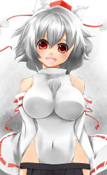 Rule 34 | 1girl, animal ears, breasts, detached sleeves, fang, female focus, hat, impossible clothes, impossible leotard, inubashiri momiji, large breasts, leotard, red eyes, smile, solo, sorato jun, touhou, wolf ears