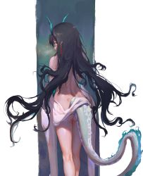 Rule 34 | 1girl, absurdres, arknights, arm tattoo, black hair, colored skin, dragon girl, dragon horns, dragon tail, dusk (arknights), ear piercing, earrings, feet out of frame, flame-tipped tail, from behind, furioso, green skin, highres, horns, jewelry, long hair, looking at viewer, looking back, nude, piercing, pointy ears, tail, tassel, tassel earrings, tattoo, very long hair, white background, yellow eyes