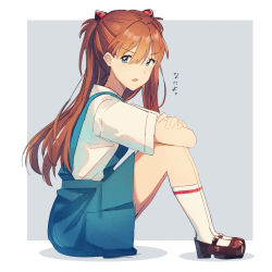 Rule 34 | 1girl, annoyed, bad id, bad pixiv id, blouse, blue eyes, blue skirt, border, brown footwear, commentary request, crossed arms, full body, grey background, hajikkoneko, highres, interface headset, long hair, looking at viewer, navel, neon genesis evangelion, open mouth, orange hair, school uniform, shirt, shoes, short sleeves, simple background, sitting, skirt, socks, solo, souryuu asuka langley, suspender skirt, suspenders, tokyo-3 middle school uniform, translation request, two side up, uwabaki, v-shaped eyebrows, white border, white shirt, white socks