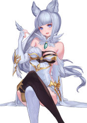Rule 34 | 10s, 1girl, absurdres, animal ears, bare shoulders, black thighhighs, blue eyes, breasts, cat ears, crossed arms, dress, elbow gloves, erune, fingerless gloves, gloves, granblue fantasy, hair ornament, highres, korwa, large breasts, long hair, looking at viewer, open mouth, quill, shou xun bu liang, silver hair, simple background, sitting, smile, solo, thighhighs, white background, white gloves, white thighhighs