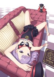 Rule 34 | 1girl, absurdres, bare shoulders, book, couch, dress, fate/grand order, fate (series), flat chest, foreshortening, hat, helena blavatsky (fate), highres, laika (sputnik2nd), looking at viewer, lying, on back, purple eyes, purple hair, short hair, solo, strapless, strapless dress
