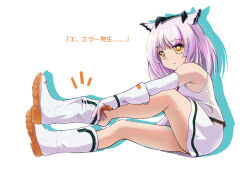 Rule 34 | 1girl, arknights, bare shoulders, boots, caco3, commentary request, cosplay, detached sleeves, dress, frown, gloves, highres, isla (plastic memories), isla (plastic memories) (cosplay), legs, long hair, orange gloves, owl ears, owl girl, plastic memories, ptilopsis (arknights), putting on boots, solo, translation request, two-tone gloves, white background, white dress, white footwear, white gloves, white hair, white sleeves