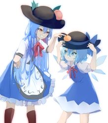 Rule 34 | 2girls, absurdres, black headwear, blue bow, blue dress, blue eyes, blue hair, blue skirt, bow, bowtie, cirno, collared shirt, dress, feet out of frame, food, fruit, grin, hair bow, hands on headwear, highres, hinanawi tenshi, long hair, looking at another, mikan (manmarumikan), multiple girls, peach, pinafore dress, red bow, red bowtie, red eyes, shirt, short hair, short sleeves, simple background, skirt, sleeveless dress, smile, standing, touhou, white background, white shirt