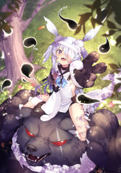 Rule 34 | 1girl, absurdres, animal ears, animal hands, bandage over one eye, bandaged head, bandaged leg, bandages, bear, bike shorts, blue eyes, blush, bug, butterfly, doll joints, ear tag, fangs, gloves, grass, highres, insect, joints, little witch nobeta, long hair, looking at viewer, monica (little witch nobeta), open mouth, outdoors, paw gloves, rabbit ears, red eyes, sharp teeth, shennai misha, sitting, sitting on head, sitting on person, smile, tabard, teeth, tree, two side up, v, white hair, white tabard