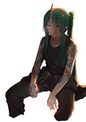Rule 34 | 1girl, arknights, beer can, black pants, black shirt, black tank top, breath, can, chinese commentary, cigarette, collarbone, commentary request, cropped legs, drink can, feet out of frame, green eyes, green hair, highres, holding, holding can, holding cigarette, horns, hoshiguma (arknights), long hair, natsuyiro x, overalls, pants, parted lips, ponytail, scar, scar on face, shirt, simple background, single horn, sitting, skin-covered horns, solo, tank top, tattoo, white background