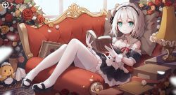 Rule 34 | + +, 1girl, alternate costume, animal, azur lane, black dress, black footwear, black ribbon, blush, book, breasts, cleavage, closed mouth, couch, detached collar, dress, enmaided, flower, gloves, green eyes, gun, highres, holding, holding gun, holding weapon, indoors, living room, loafers, looking at viewer, maid, maid headdress, manchester (azur lane), on couch, pillow, red flower, red rose, ribbon, rose, sentter, shoes, short hair, sitting, small breasts, smile, solo, thighhighs, tree, weapon, white hair, white thighhighs, window