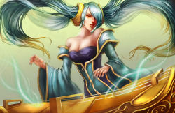 Rule 34 | 1girl, allison chan, blue hair, breasts, cleavage, etwahl, gradient hair, instrument, large breasts, league of legends, lips, long hair, md5 mismatch, multicolored hair, music, playing instrument, resized, resolution mismatch, solo, sona (league of legends), twintails, very long hair, wide sleeves
