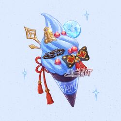 Rule 34 | bell, black bow, blue background, bow, character name, commentary request, food, food focus, foodification, ganyu (genshin impact), genshin impact, highres, ice cream, no humans, weiyikande