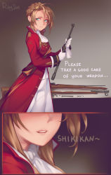 Rule 34 | 1girl, aqua eyes, bolt action, braid, brown hair, coat, commentary, english commentary, english text, french braid, girls&#039; frontline, gloves, gun, lee-enfield, lee-enfield (girls&#039; frontline), long sleeves, military, military uniform, ragingcherrypie, red coat, rifle, teeth, uniform, upper teeth only, weapon, white gloves, white neckwear