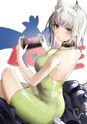 Rule 34 | 1girl, animal ear fluff, animal ears, arknights, bare arms, bare back, bare shoulders, black choker, blush, breasts, cat ears, cat tail, cellphone, chinese commentary, choker, commentary request, dress, green dress, green eyes, highres, holding, holding phone, kal&#039;tsit (arknights), large breasts, looking at viewer, pencil dress, phone, short hair, silver hair, sitting, smartphone, solo, tabayashi, tail, thighs