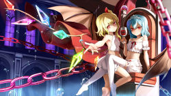 Rule 34 | 2girls, alcohol, alternate costume, ass, bare shoulders, barefoot, bat wings, beckoning, blonde hair, bloomers, blue hair, blush, chain, crown, cup, drinking glass, emerane, fang, fangs, female focus, flandre scarlet, hair ribbon, light purple hair, multiple girls, navel, outstretched arm, outstretched hand, red eyes, remilia scarlet, revision, ribbon, short hair, siblings, side ponytail, sisters, sitting, smile, straddling, thighhighs, throne, tiara, touhou, underwear, underwear only, white bloomers, white legwear, window, wine, wine glass, wings
