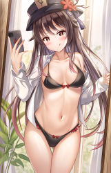 Rule 34 | 1girl, :q, absurdres, arm up, bare shoulders, bikini, black bikini, black hat, blush, breasts, brown hair, cellphone, closed mouth, collarbone, collared shirt, cowboy shot, dress shirt, flower, flower-shaped pupils, frilled bikini, frills, front-tie bikini top, front-tie top, genshin impact, gluteal fold, groin, hand up, hat, hat flower, highres, holding, holding phone, hu tao (genshin impact), indoors, kitin, long hair, long sleeves, looking at viewer, medium breasts, mirror, naughty face, navel, no pants, off shoulder, open clothes, open shirt, phone, plant, plum blossoms, red eyes, reflection, selfie, shirt, single bare shoulder, smartphone, smile, solo, standing, star-shaped pupils, star (symbol), stomach, string bikini, swimsuit, symbol-shaped pupils, tassel, thigh gap, thighs, tongue, tongue out, twintails, very long hair, white shirt