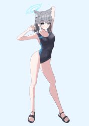 Rule 34 | 1girl, absurdres, animal ear fluff, animal ears, arms behind head, black one-piece swimsuit, blue archive, blue background, blue eyes, breasts, collarbone, competition swimsuit, covered navel, cross hair ornament, extra ears, full body, grey hair, hair ornament, halo, highleg, highleg swimsuit, highres, looking at viewer, low ponytail, medium breasts, medium hair, mismatched pupils, multicolored clothes, multicolored swimsuit, official alternate costume, one-piece swimsuit, sandals, shiroko (blue archive), shiroko (swimsuit) (blue archive), simple background, solo, standing, swimsuit, wolf ears, yosshii (yossie255)