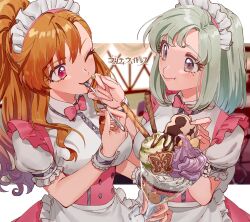 Rule 34 | 2girls, apron, banana, blush, bow, bowtie, breasts, chocolate, closed mouth, cookie, cream, cup, dress, eating, food, food on face, frilled apron, frilled sleeves, frills, from side, fruit, green hair, grey eyes, grid background, hair bow, holding, holding cup, holding food, holding spoon, hoyaza1561, ice cream, idolmaster, idolmaster (classic), idolmaster million live!, idolmaster million live! theater days, idolmaster one for all, idolmaster starlit season, idolmaster stella stage, kuroi takao, leon (idolmaster), long hair, looking at another, matcha (food), medium breasts, mole, mole under eye, mouth hold, multiple girls, one eye closed, orange hair, pink bow, pink bowtie, pink dress, ponytail, pretzel, puffy short sleeves, puffy sleeves, purple eyes, shiika (idolmaster), short hair, short sleeves, smile, spoon, sundae, waist apron, white apron, white headdress, wristband