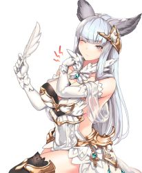 Rule 34 | 10s, 1girl, akaneyu akiiro, animal ears, bare shoulders, black thighhighs, blunt bangs, blush, breasts, cat ears, dress, elbow gloves, erune, gloves, granblue fantasy, grey eyes, hair ornament, korwa, large breasts, long hair, one eye closed, pain, quill, silver hair, simple background, solo, thighhighs, white background
