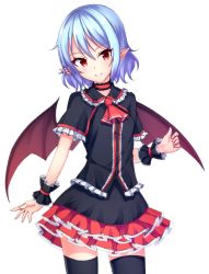 Rule 34 | 1girl, ascot, bat wings, black thighhighs, blue hair, breasts, choker, frilled skirt, frills, highres, junior27016, no headwear, no headwear, pointy ears, red eyes, red skirt, remilia scarlet, short hair, simple background, skirt, small breasts, smile, solo, thighhighs, touhou, white background, wings, wrist cuffs, zettai ryouiki