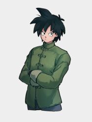 Rule 34 | 1boy, black eyes, black hair, closed mouth, crossed arms, dragon ball, dragon ball super, dragon ball super super hero, grey background, kemachiku, long sleeves, male focus, simple background, solo, son goten, spiked hair, upper body