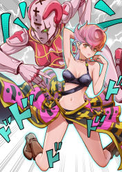 Rule 34 | 1girl, absurdres, blush, boots, breasts, cleavage, commentary, esozima gari, eyelashes, gradient background, green eyes, grey background, highres, jojo no kimyou na bouken, knee boots, kneehighs, looking at viewer, medium breasts, navel, pink hair, short hair, socks, solo, spice girl (stand), stand (jojo), trish una, vento aureo, white background