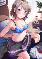 Rule 34 | 1girl, :o, adjusting bra, adjusting clothes, arms behind back, bag, bag charm, black socks, blue bra, blue eyes, bra, breasts, character pillow, charm (object), cleavage, collarbone, day, grey hair, indoors, lens flare, looking at viewer, love live!, love live! sunshine!!, medium breasts, navel, no shoes, on bed, partially undressed, plant, pleated skirt, potted plant, school bag, school uniform, unworn shirt, short hair, sitting, skirt, socks, solo, sweatdrop, tipii, uchicchii, underwear, uranohoshi school uniform, watanabe you, window
